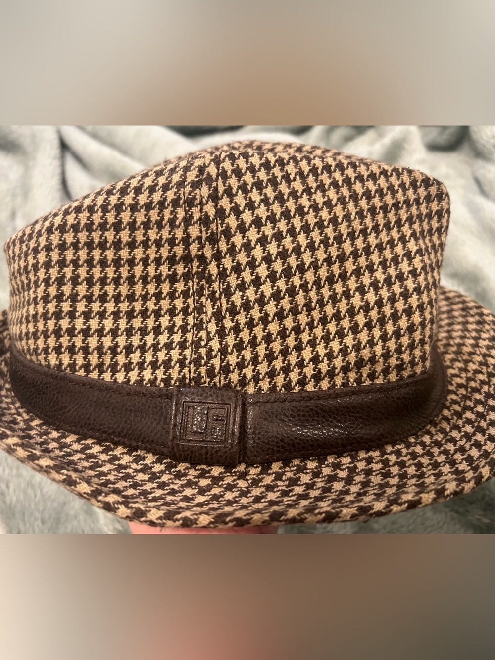 Vtg Unisex London Fog Houndstooth Fedora Hat w/Leather Band - Brown & Tan l S/M